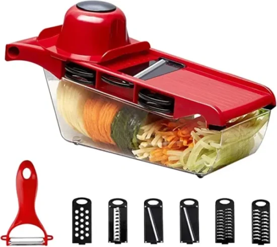 10 In 1 Mandolin Slicer Vegetable Cutter With Stainless Steel Blade Manual Potato Peeler Carrot Cheese Grater Nicer Kitchen Tool – Mandolin Vegetable Cutter – Red Color - Image 4